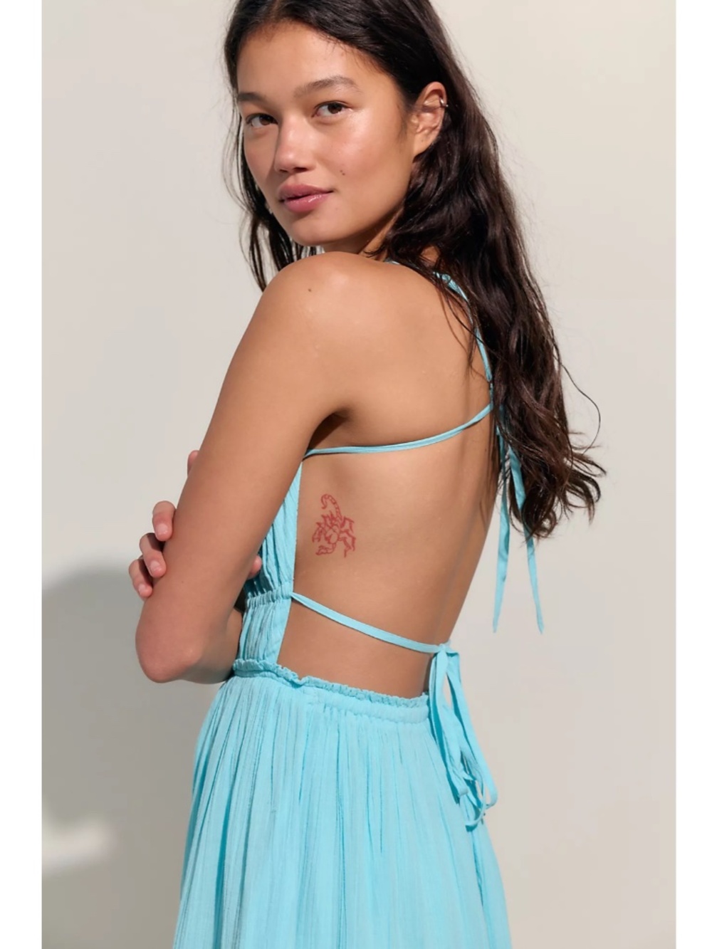 NEW FREE PEOPLE Turquoise AQUA Taking Sides TIERED Cotton OPEN BACK Maxi DRESS L - Picture 5 of 16